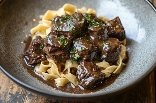 Tender Knoblauch -Kräuter -Rindfleisch -Tipps mit Butter -Eiernudeln