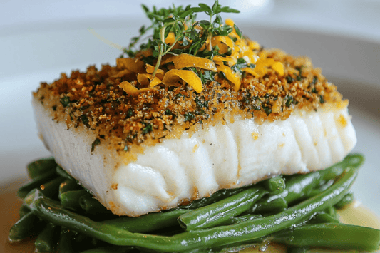 Knuspriger weißer Fisch mit Zitronenkrruste und Knoblauchgrün Bohnen