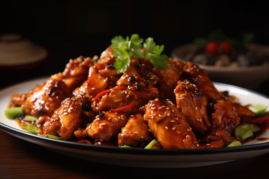 Würziges Hunan-Hühnchen-Braten mit lebendigem Gemüse