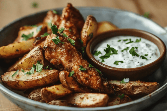 Knuspriger ofengebackener Hühnchen-Fakeaway mit gewürzten Keilen und Knoblauch-Joghurt-Dip