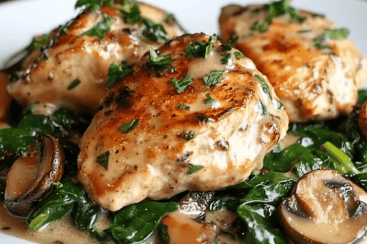 Einfaches Abendessen cremige Knoblauch -Hühnchenpfanne mit Spinat und Pilzen