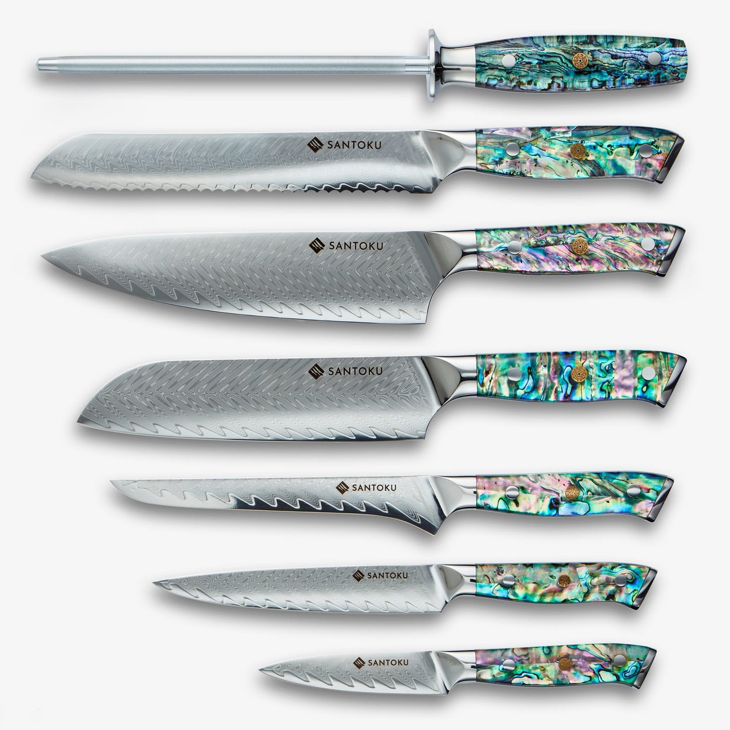 Chikashi (ちかし) Damaskus -Stahlmesser mit Abalone -Griff