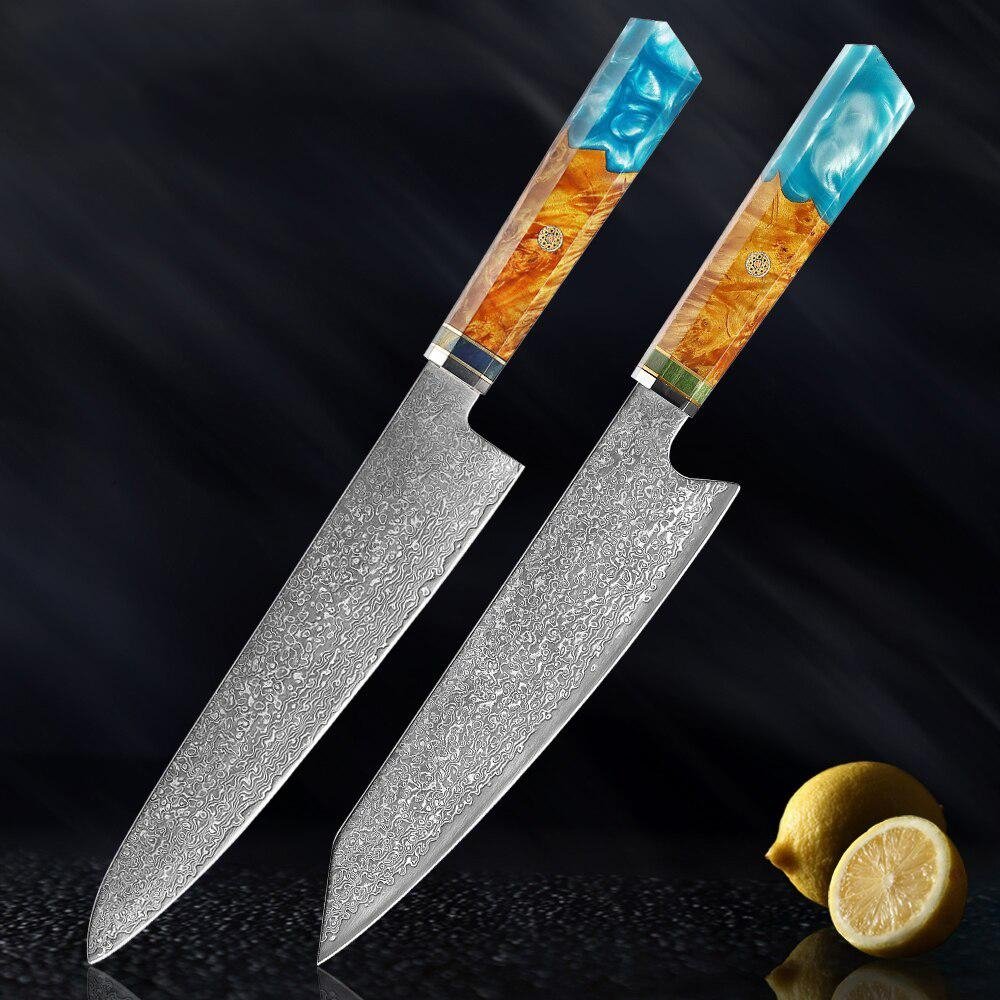 Makito Damaskus Stahlmesser mit farbigem Blauharzgriff