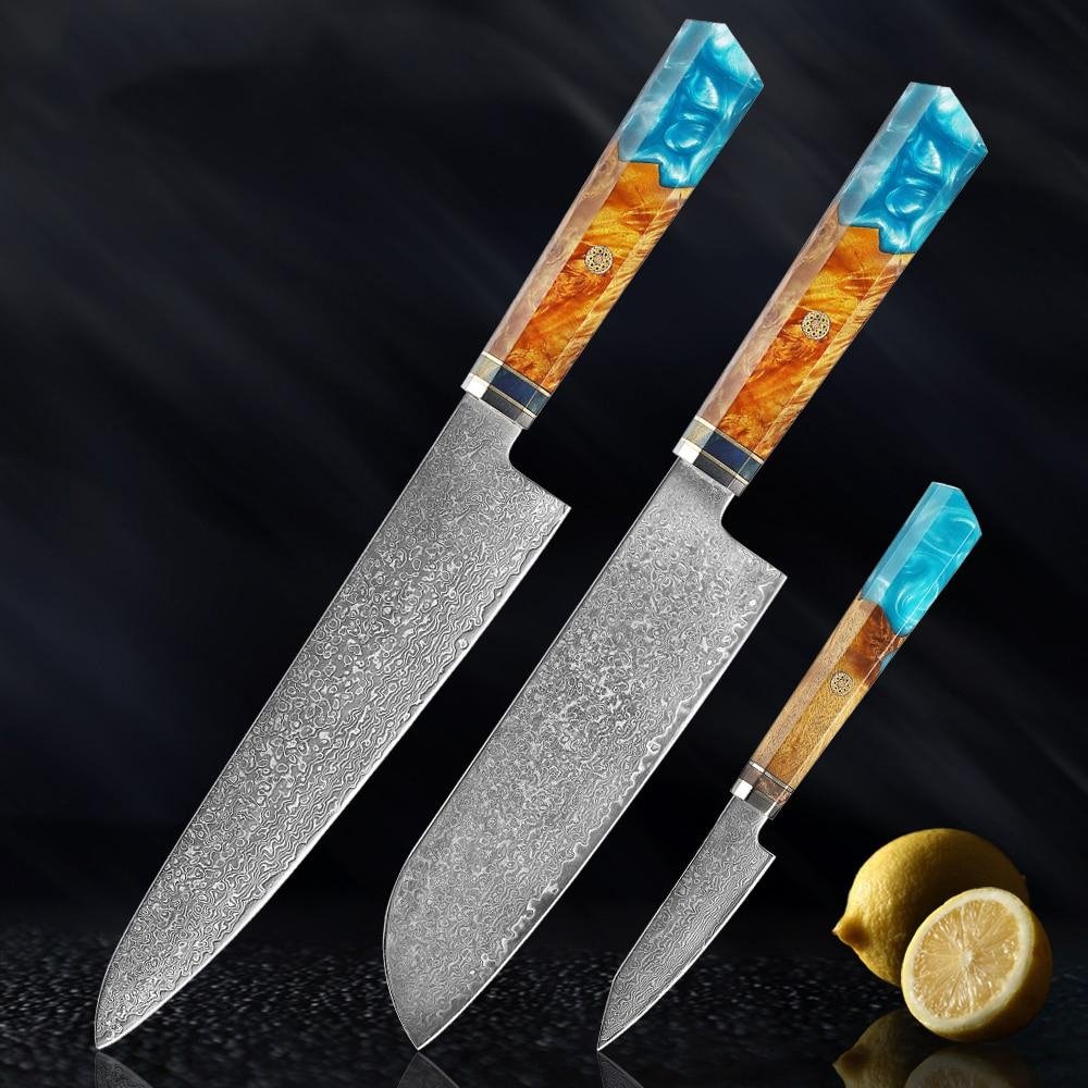 Makito Damaskus Stahlmesser mit farbigem Blauharzgriff