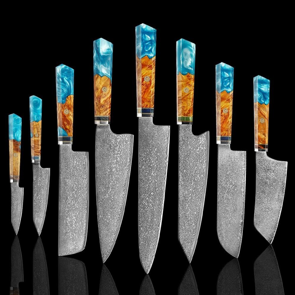 Makito Damaskus Stahlmesser mit farbigem Blauharzgriff