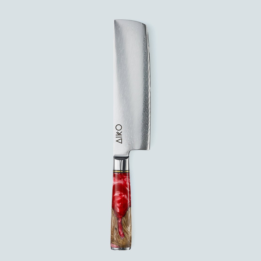 Aiko Red (あいこ, アイコ) Damaskus -Stahlmesser mit farbigem rotem Harzgriff