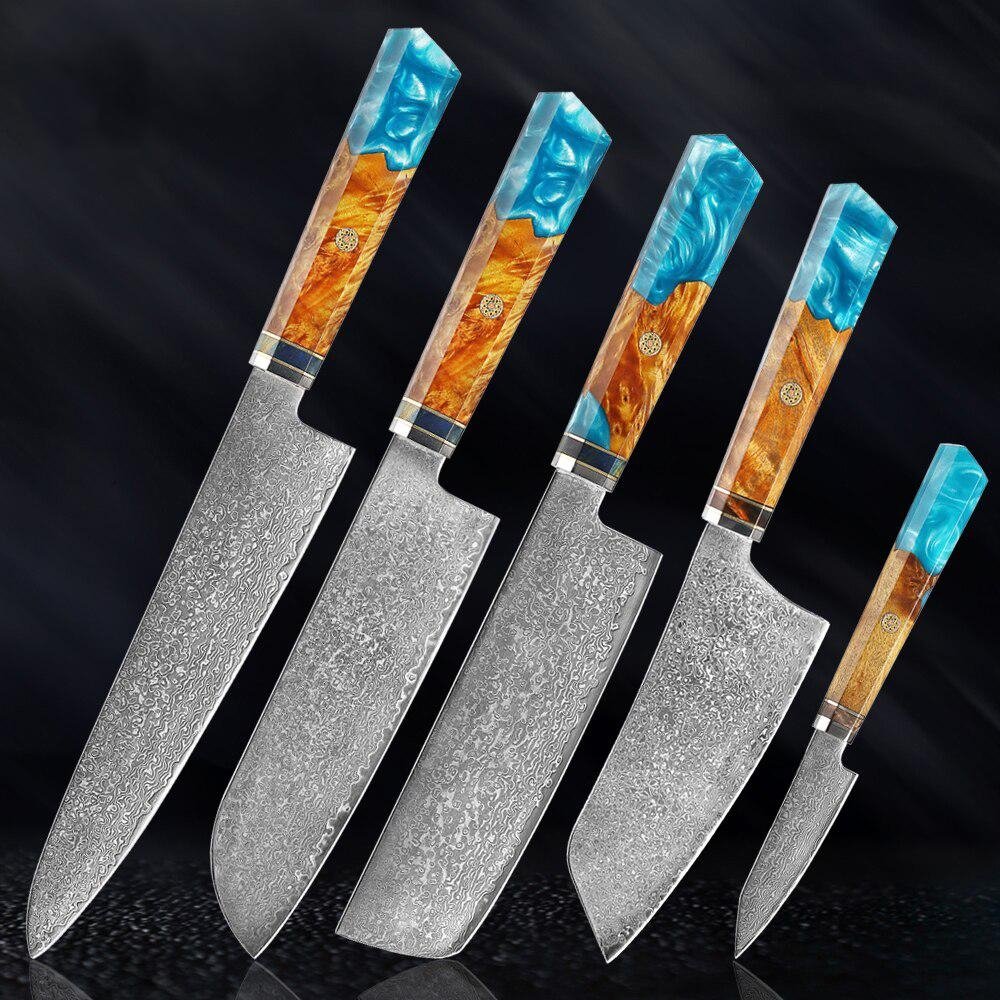 Makito Damaskus Stahlmesser mit farbigem Blauharzgriff
