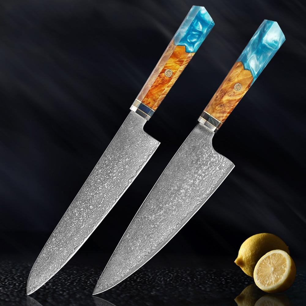 Makito Damaskus Stahlmesser mit farbigem Blauharzgriff
