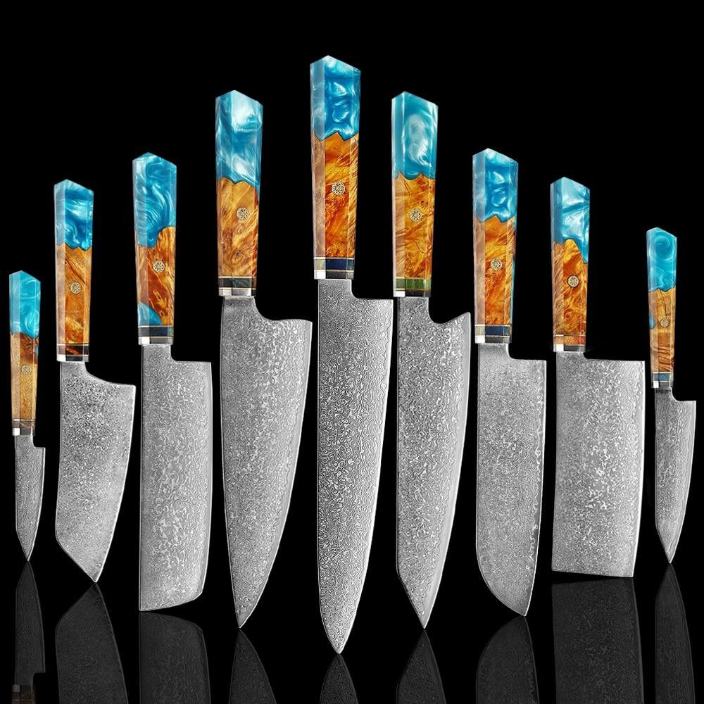 Makito Damaskus Stahlmesser mit farbigem Blauharzgriff