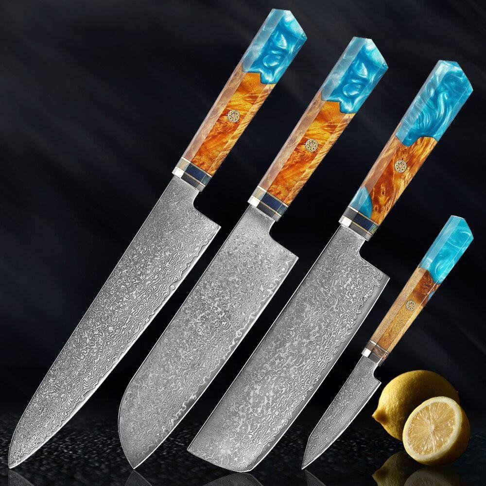 Makito Damaskus Stahlmesser mit farbigem Blauharzgriff