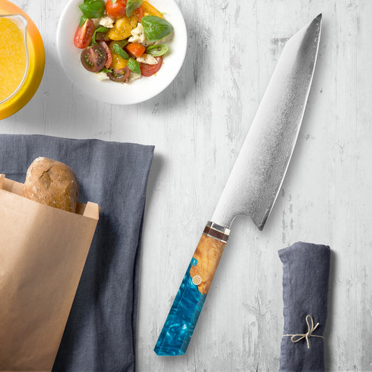 Makito Damaskus Stahlmesser mit farbigem Blauharzgriff