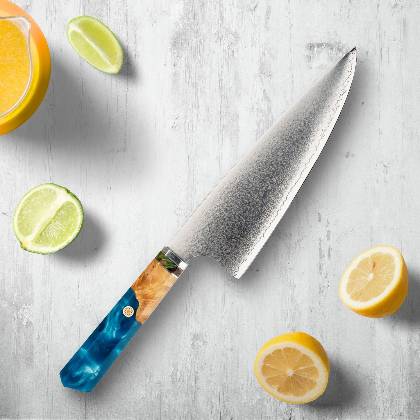 Makito Damaskus Stahlmesser mit farbigem Blauharzgriff