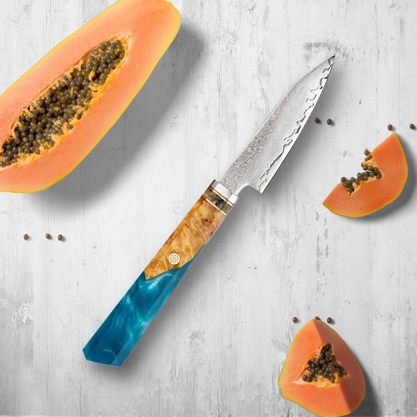 Makito Damaskus Stahlmesser mit farbigem Blauharzgriff
