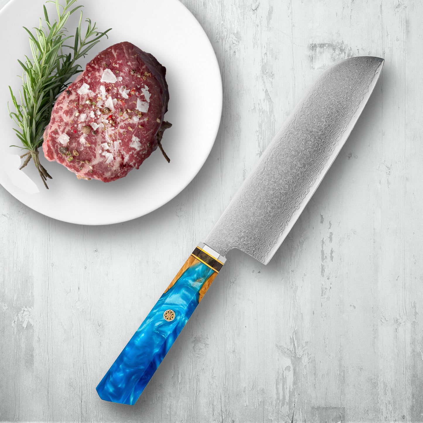 Makito Damaskus Stahlmesser mit farbigem Blauharzgriff