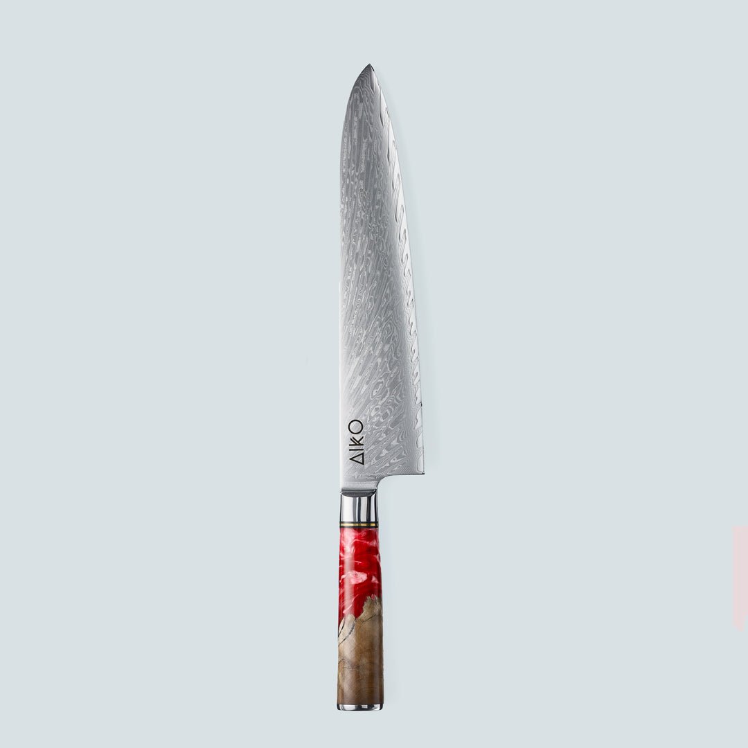 Aiko Red (あいこ, アイコ) Damaskus -Stahlmesser mit farbigem rotem Harzgriff