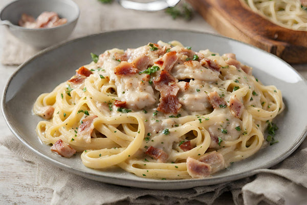 Luxuriöser cremiger Hühnchen -Carbonara mit knackigem Pancetta