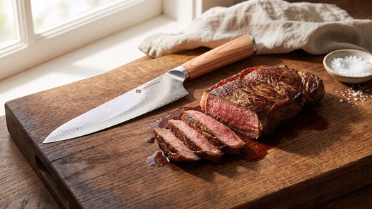 A Japanese-steel Damascus gyuto chef knife resting on a wooden board beside a rested sirloin steak part-carved into slices, in warm natural kitchen light