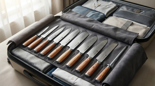 A Haruta Japanese Damascus knife set wrapped in a protective cloth and packed inside a travel suitcase