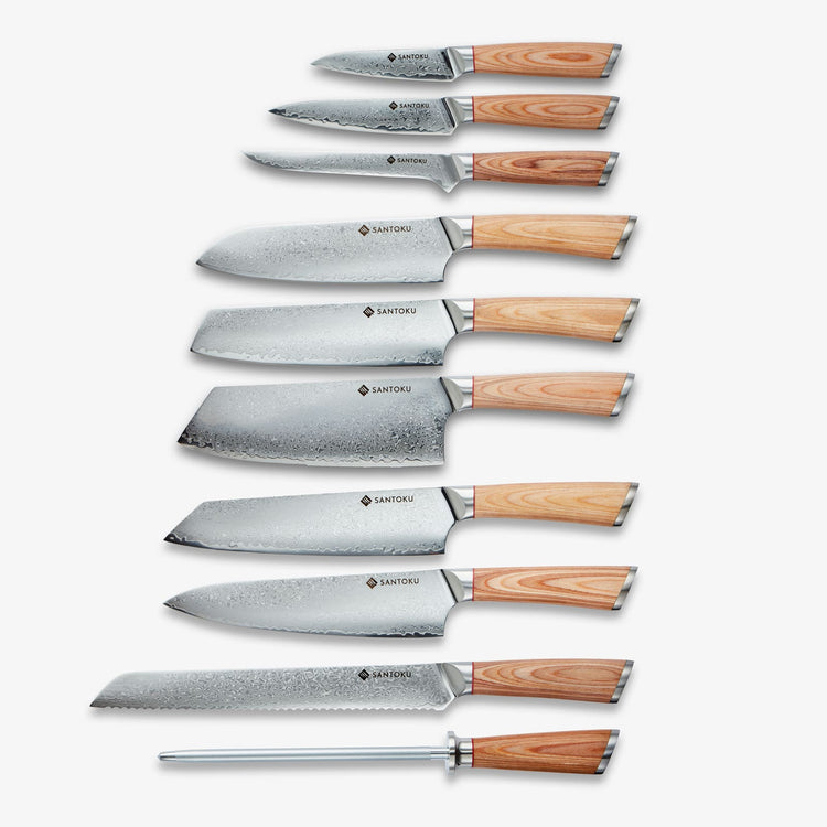 Haruta Ensemble de 10 couteaux de cuisine japonais en acier damas VG10 avec poignées et fourreaux en bois