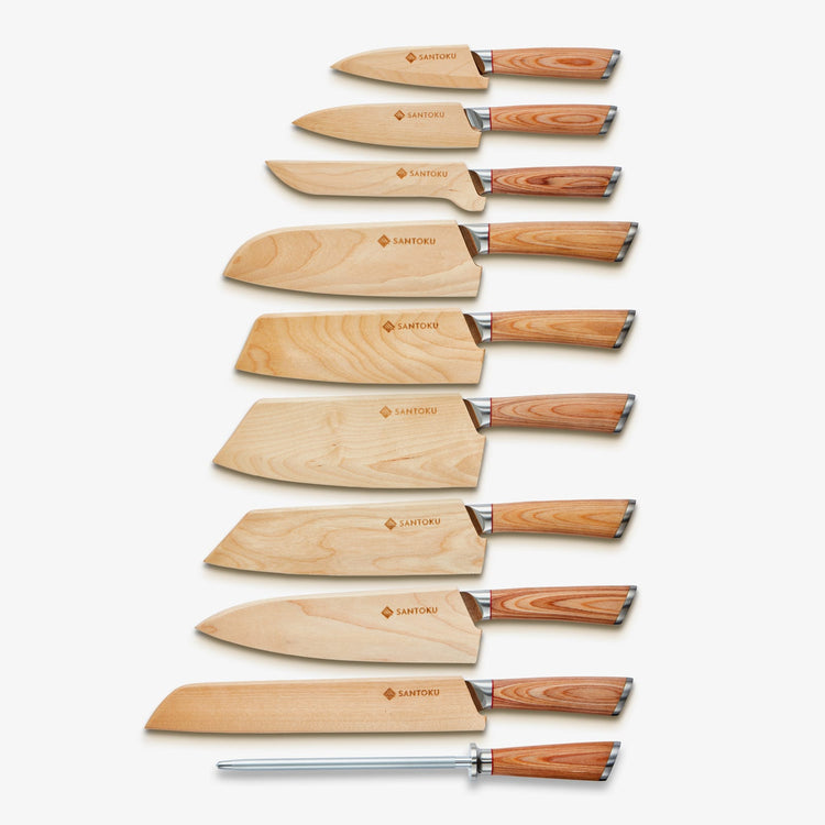 Haruta Ensemble de 10 couteaux de cuisine japonais en acier damas VG10 avec poignées et fourreaux en bois