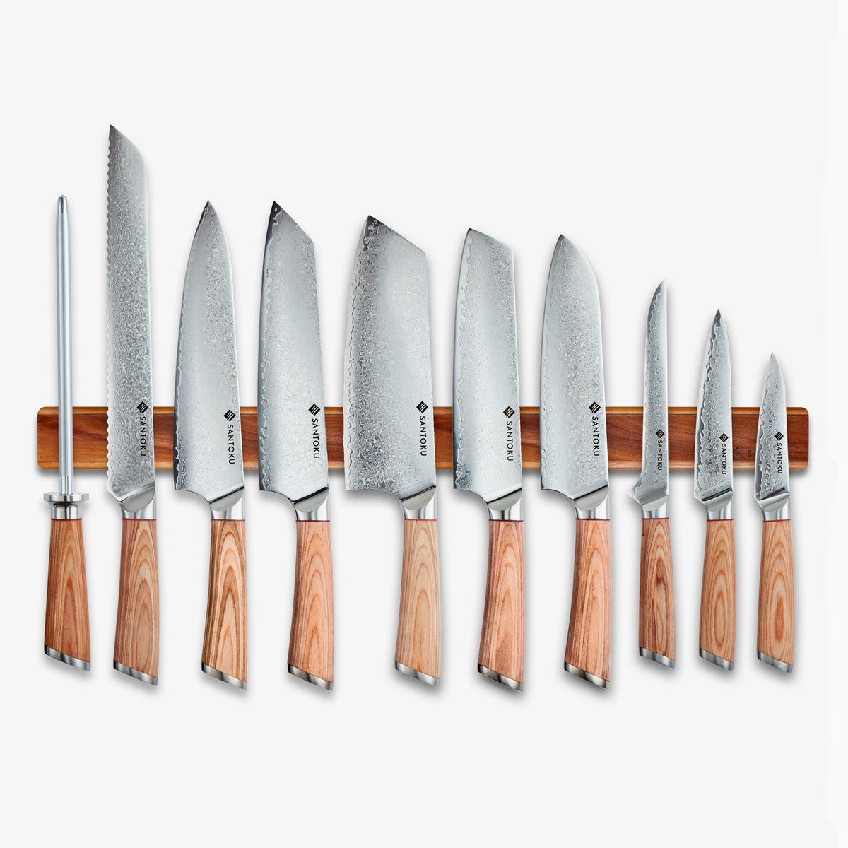 Haruta Ensemble de 10 couteaux de cuisine japonais en acier damas VG10 avec poignées et fourreaux en bois
