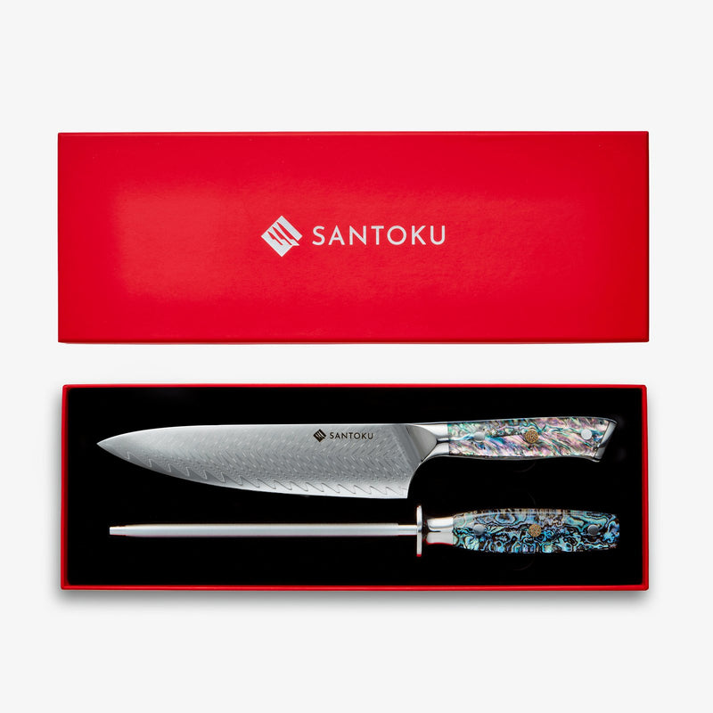 Chikashi Damast-Kochmesser- und Stahlset mit Abalone-Griff