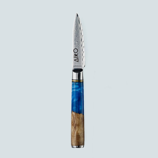 Aiko-Messer aus blauem Damaststahl mit farbigem blauem Harzgriff