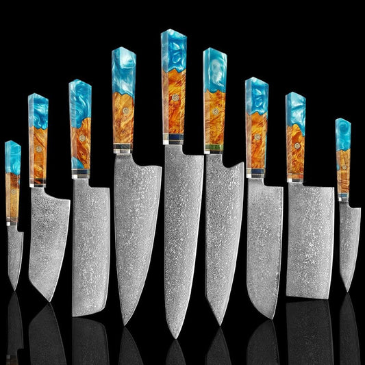 Makito Damaskus Stahlmesser mit farbigem Blauharzgriff