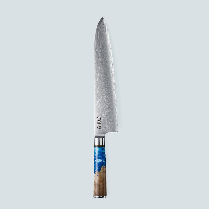 Aiko-Messer aus blauem Damaststahl mit farbigem blauem Harzgriff