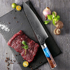 Gyuto-Damaststahlmesser mit farbigem blauem Harzgriff