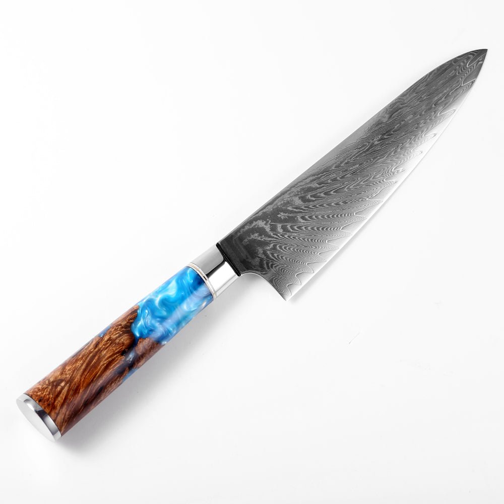 Gyuto (牛刀) Damaskus -Stahlmesser mit farbigem Blauharzgriff
