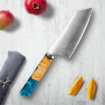 Makito Damaskus Stahlmesser mit farbigem Blauharzgriff
